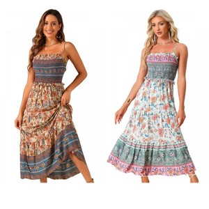 INSPIRE CHIC Women's Summer Spaghetti Strap A-Line Flowy Smocked Midi Boho Floral Sundresses 2 Packs - 1 of 4