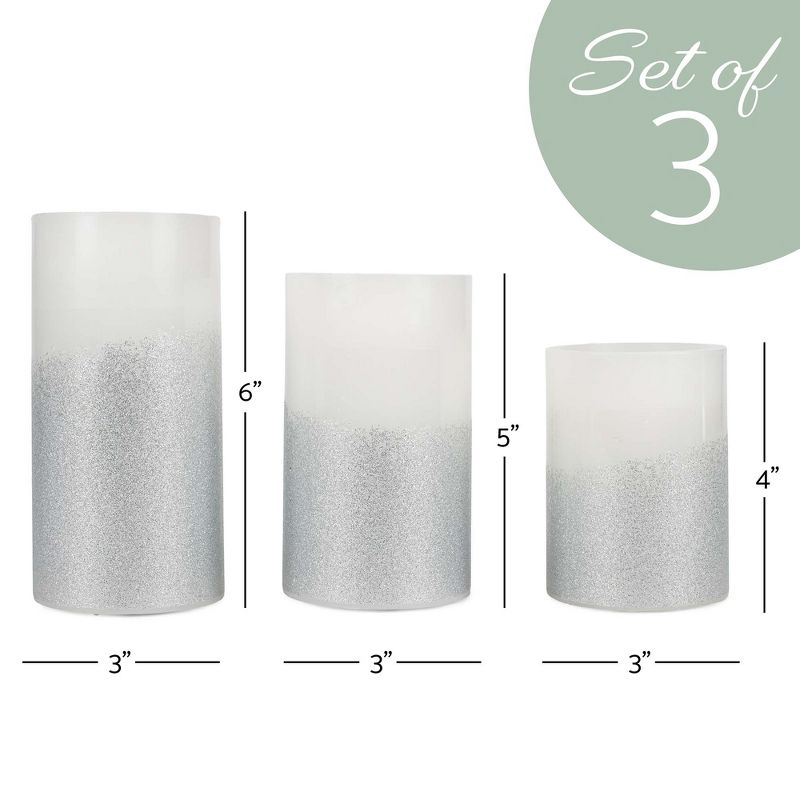 Elanze Designs Silver Tone Glitter 6 inch Wax LED Flameless Pillar Candles Set of 3, 2 of 6