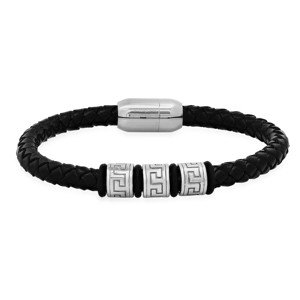 Steeltime Men's braided leather and stainless steel beads bracelet with greek key accents - 1 of 4