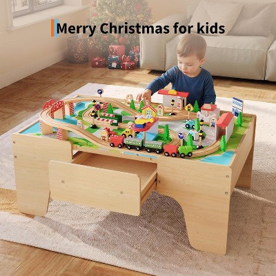 84Piece Kid's Track Table Toy Set, Multipurpose Wooden Toy Activity Playset for Children w/Tracks & Storage, Reversible Top