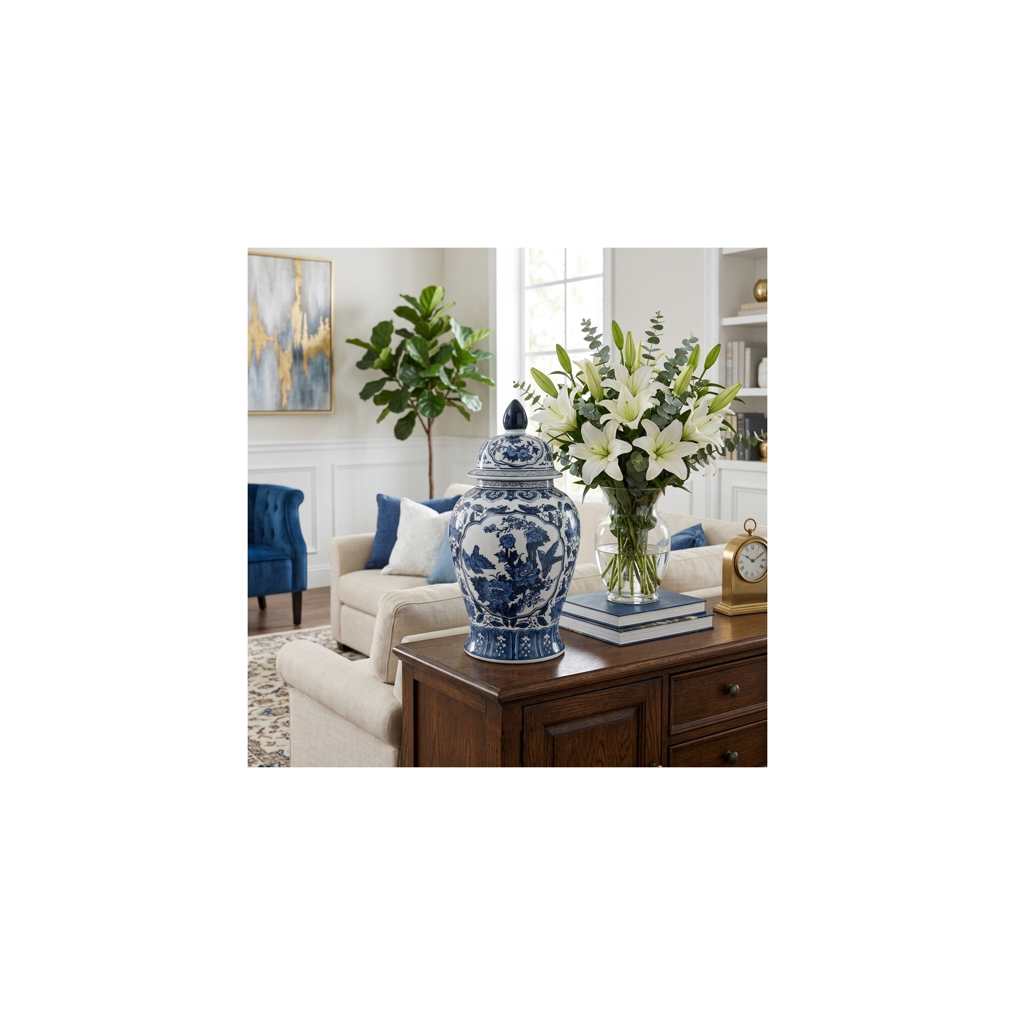 Refined Ceramic Jar for Living Room Decor - Decorative Flower Vase for Room, Bedroom, House , and Table Interior Placement - 19", Blue & White