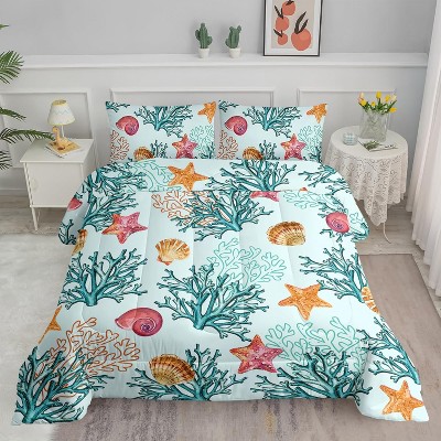 Acoinel 3 Pcs Coastal Coral and Seashell Lightwight Ultra Soft Comforter Set with 2 Pillowcases, TWIN, White