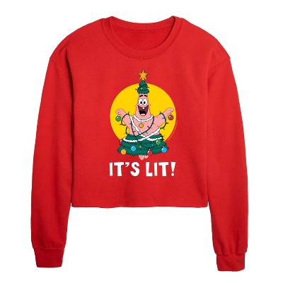 SpongeBob SquarePants Patrick Its Lit Cropped Long Sleeve Crew Neck Sweatshirt - Red - X-Large