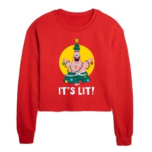 SpongeBob SquarePants Patrick Its Lit Cropped Long Sleeve Crew Neck Sweatshirt - Red - X-Large - 1 of 4