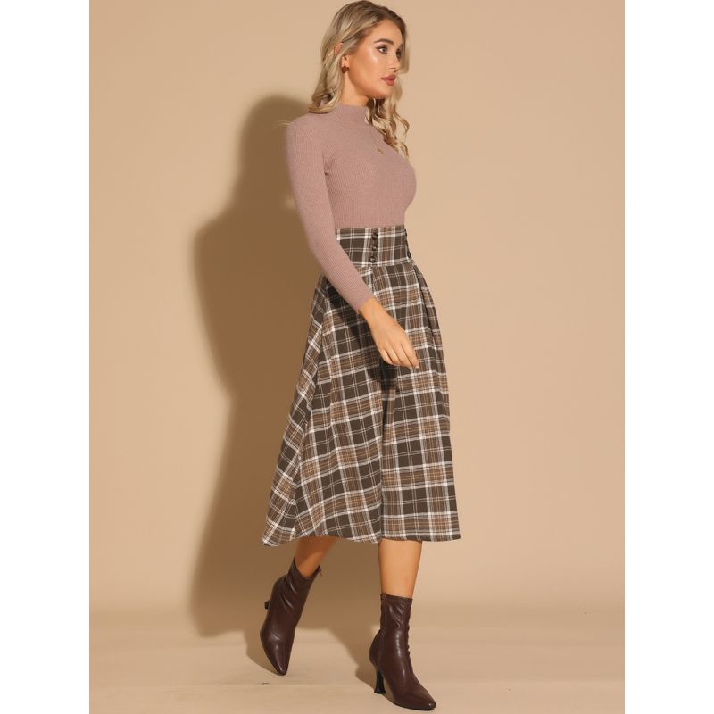 Allegra K Women's Plaid High Elastic Waist Vintage Fall A-Line Midi Skirt, 4 of 6