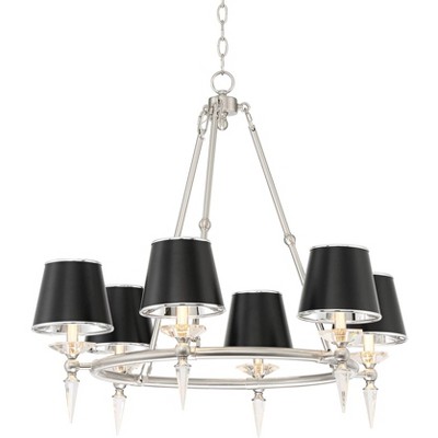 Stiffel Brushed Nickel Wagon Wheel Chandelier 30" Wide Modern Glass Black Shades 6-Light Fixture Dining Room House