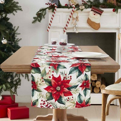 Poinsettia Floral Ivory and Red Polyester Holiday Table Runner