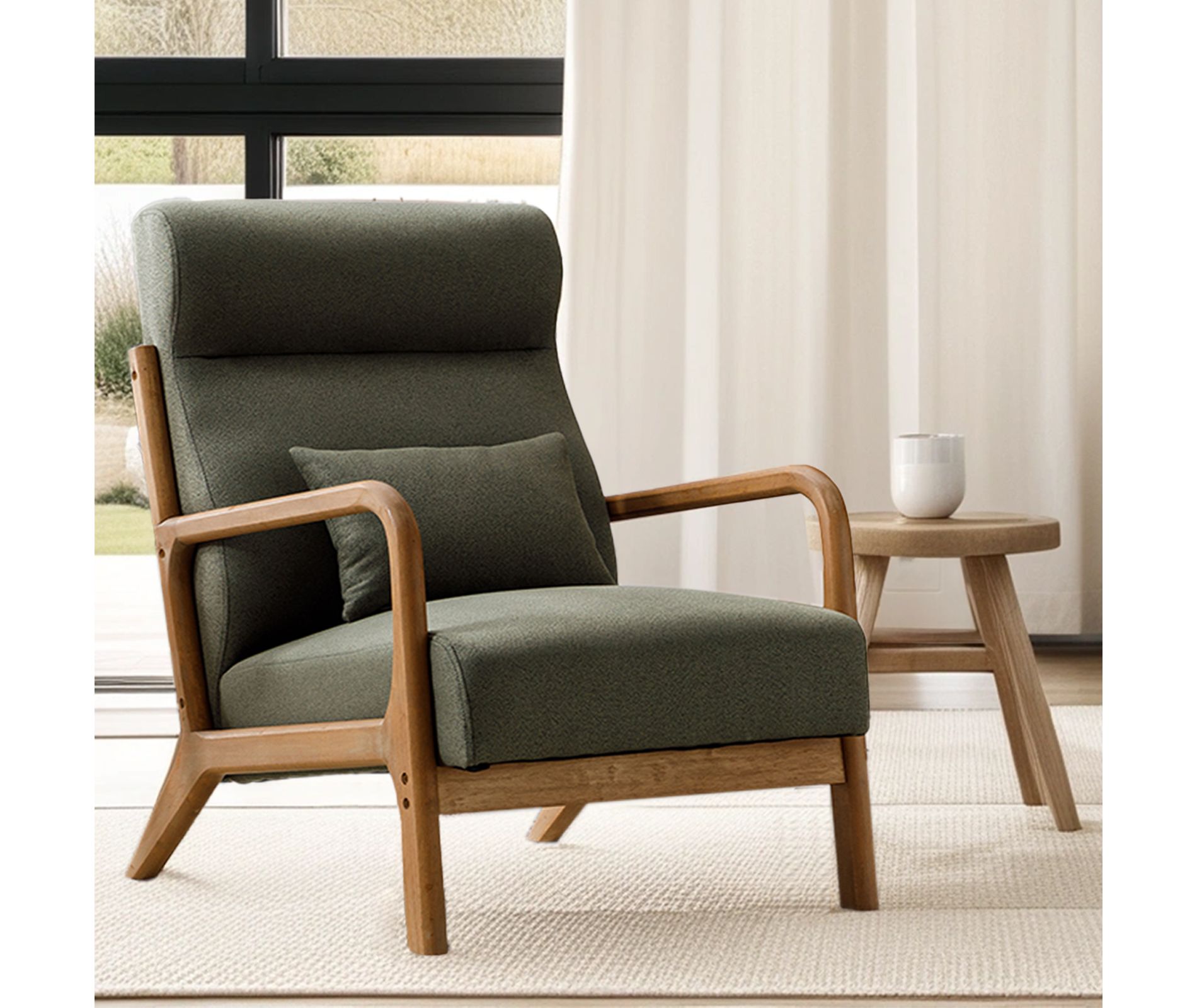 Bestier Mid-Century Accent Chair with Wood Frame, Upholstered Living Room Chair with Pillow & Waist Cushion, Reading Armchair for Bedroom, Green