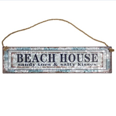 11" x 20" Beach House Galvanized Metal Vintage Hanging Wall Sign with Rope - American Art Decor