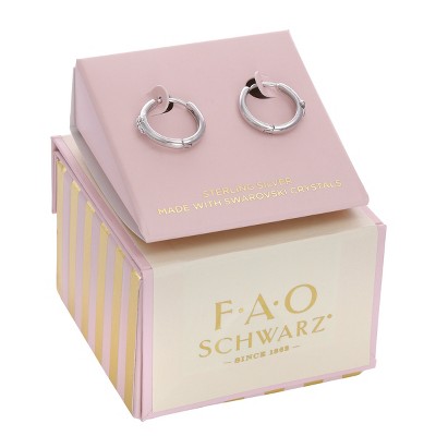 FAO Schwarz Sterling Silver Cross Hoop Earrings with Crystal Stone Accent