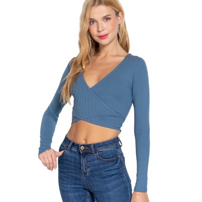 Slickblue Women's Rib Knit Surplice Top with Long Sleeves and Waist Tie - Soft Stretch Fit in Blue, Size S-L