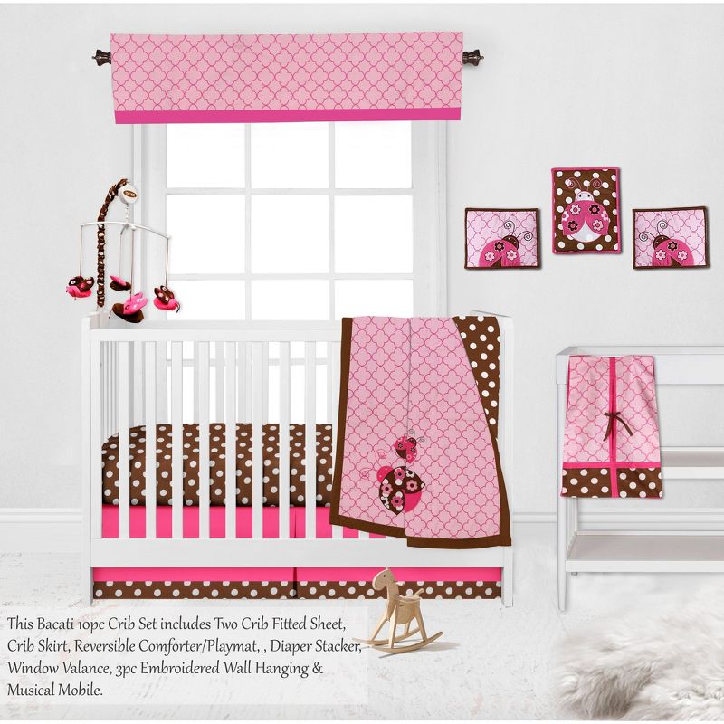 Bacati - Ladybugs Pink Chocolate 10 pc Crib Bedding Set with 2 Crib Fitted Sheets, 4 of 12