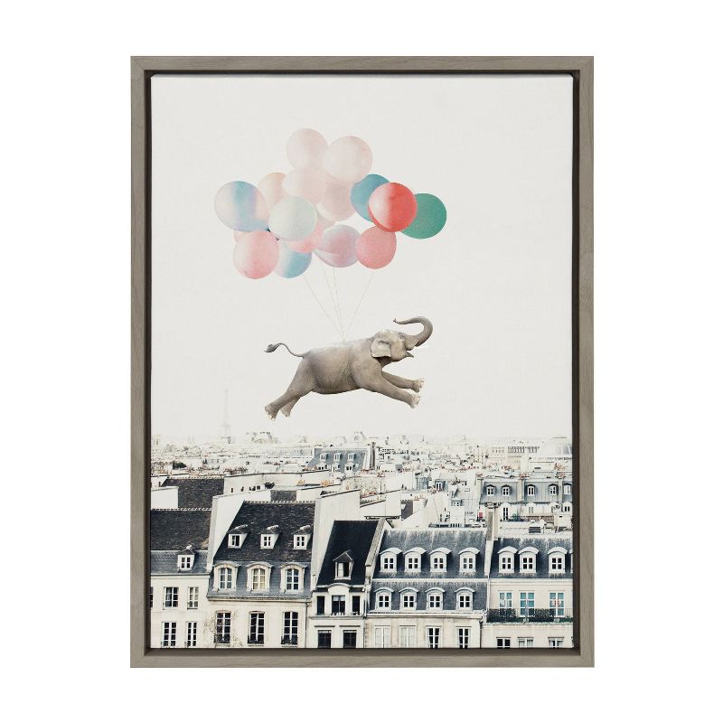 Kate &#38; Laurel All Things Decor 18&#34;x24&#34; Sylvie Happy Elephant in Paris Framed Canvas Wall Art by July Art Prints Gray Zoo Animal City, 1 of 7