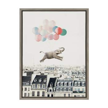 Kate & Laurel All Things Decor 18"x24" Sylvie Happy Elephant in Paris Framed Canvas Wall Art by July Art Prints Gray Zoo Animal City