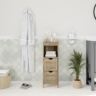 Rustic Brown 2-Drawer Bathroom Storage Cabinet with Open Shelf