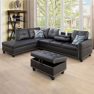 Modern 3-Piece L-Shaped Sofa Set in Black Synthetic Leather - 1 of 4