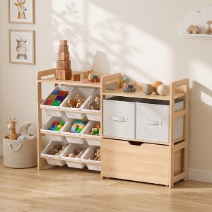Kids Wooden Toy Storage Organizer with Rolling Toy Chest, 9 Bins, 2 ...