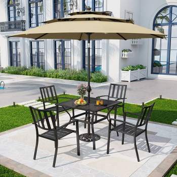 5pc Metal Indoor/Outdoor Square Gridded Dining Table with Arm Chairs & Umbrella Hole - Captiva Designs