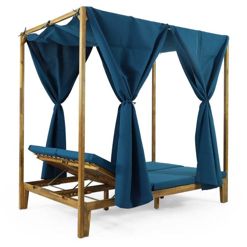 Kinzie Outdoor 2 Seater Adjustable Acacia Wood Daybed with Curtains - Teak/Blue - Christopher Knight Home, 4 of 10