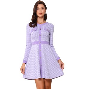 INSPIRE CHIC Women's Houndstooth Plaid Contrast Color Crew Neck Button Front Elegant A-Line Dress - 1 of 4