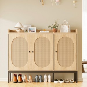 Rattan Large Shoe Cabinet with 3 Doors, 30 Pairs Boho Farmhouse Shoe Storage Cabinet with Adjustable Shelves - 1 of 4