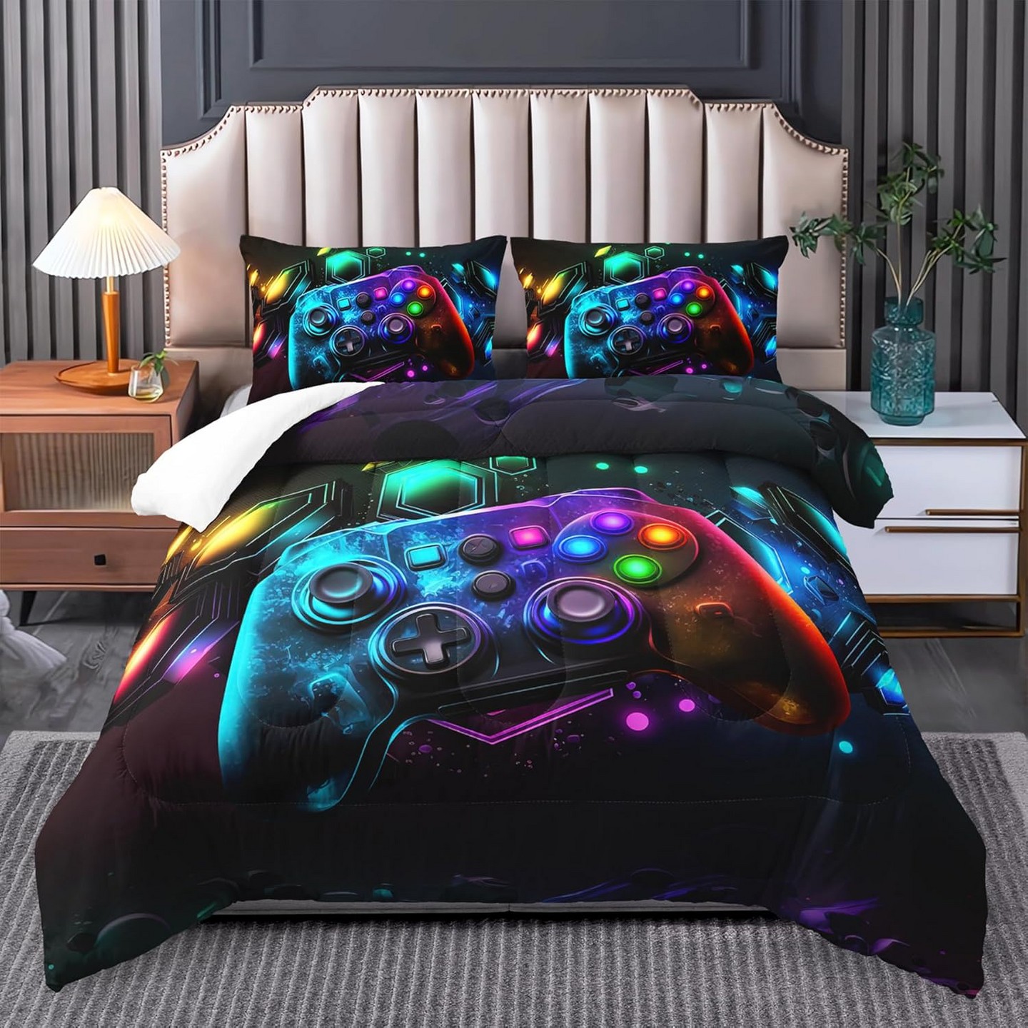 Комплект с одеялом Acoinel Neon Gamer Controller Comforter Set - Gaming Bedding Teens with 2 Pillowcases, Queen для мальчиков — фото 1