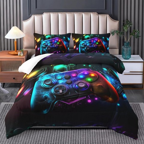 Acoinel Neon Gamer Controller Comforter Set - Gaming Bedding for Boys Teens with 2 Pillowcases,Queen