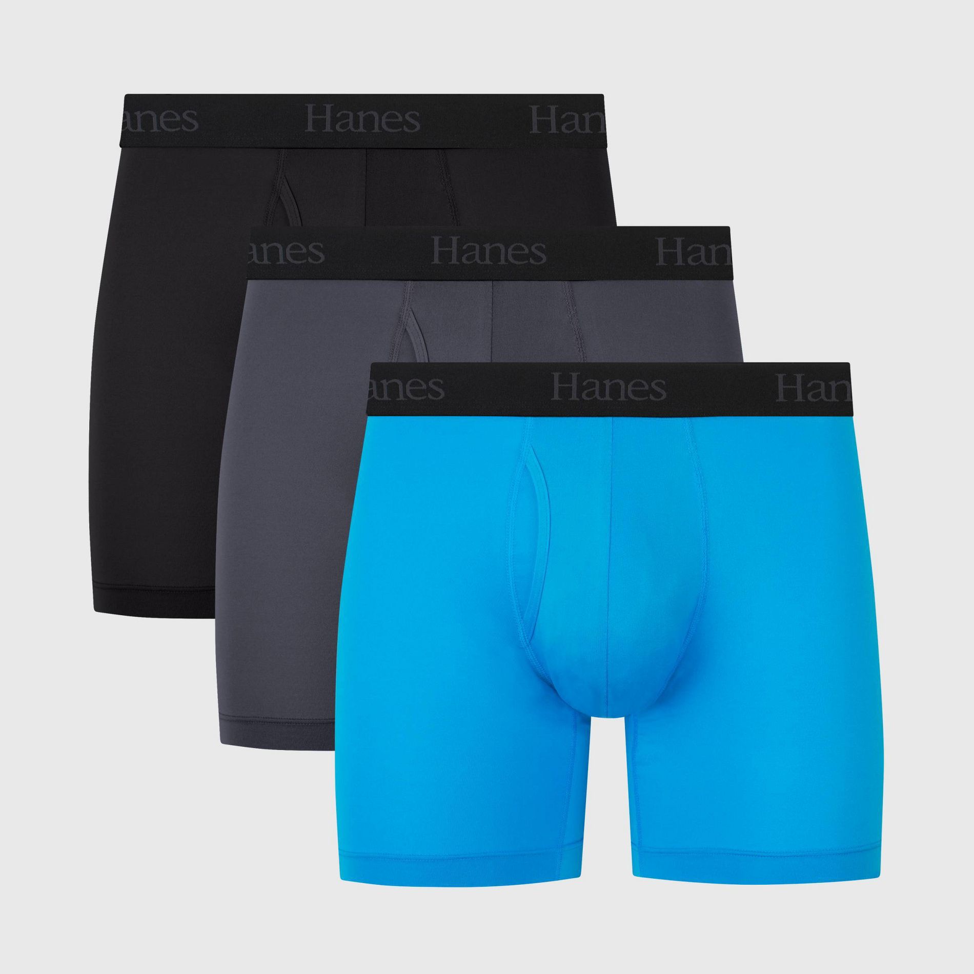 Hanes Originals Premium Men's Super Stretch Boxer Briefs 3pk - Blue/Gray/Black M: Tagless, Moisture Wicking, Quick Drying, Breathable