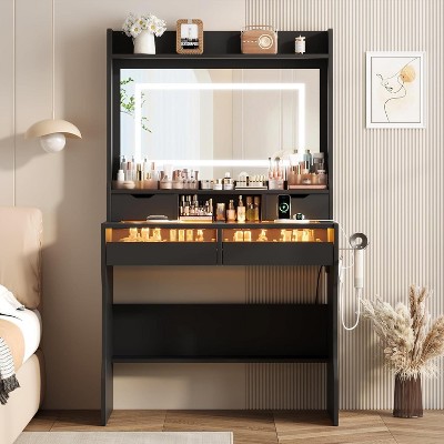 Vanity Desk with Mirror and Lights, Small Makeup Vanity Desk with 4 Drawers
