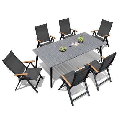 Crestlive Products Outdoor Dining Set Patio Dining Table with folding Dining Chairs Wooden-Like Top and Aluminum Frame Umbrella Hole