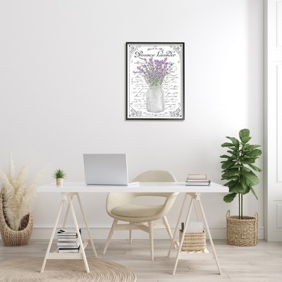 Lavender Sprigs Bouquet French Script Canvas Print with Black Frame