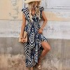Clearlove Women's V NeckElegant Printed Short Fly Sleeved Dress With Lace-Up Belt. - 3 of 4