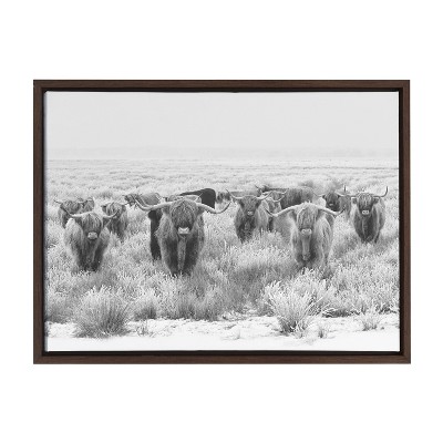 Kate and Laurel Sylvie Herd of Highland Cows Black and White Framed Canvas by The Creative Bunch Studio, 18x24, Walnut Brown