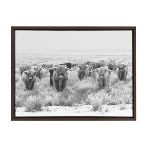 Kate and Laurel Sylvie Herd of Highland Cows Black and White Framed Canvas by The Creative Bunch Studio, 18x24, Walnut Brown - 1 of 4