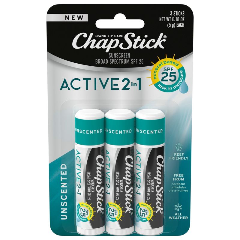Chapstick Active 2-in-1 Unscented Lip Balms - 0.45oz/3ct, 2 of 9