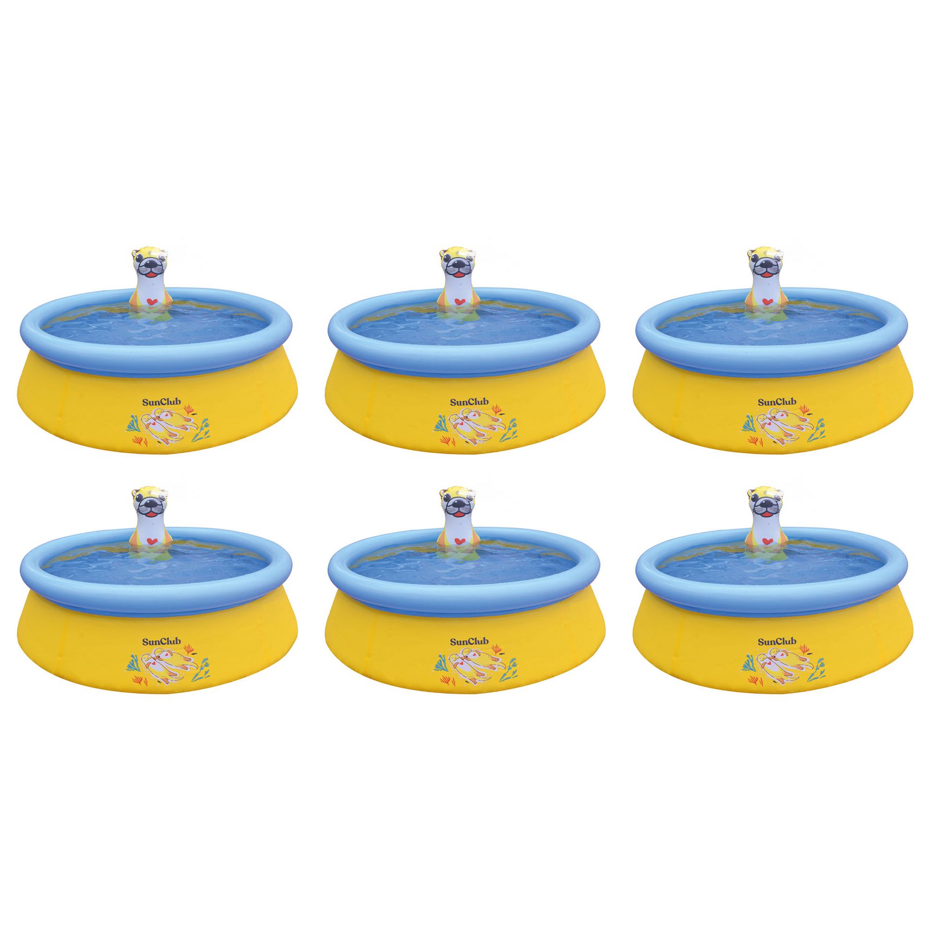 JLeisure Sun Club 5 Foot 2 Person Outdoor Above Ground Blow Up Inflatable Kiddie Swimming Pool with 3D Sea Otter Spray, 6 Pack, Yellow/Blue
