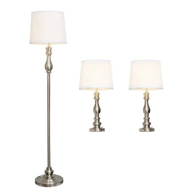 Brushed Steel and White 3-Piece Lamp Set with Empire Shades