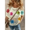 I AM A FASHION JUNKY White Hollowed Crochet Colorful Flower Loose Knit T Shirt - 3 of 4