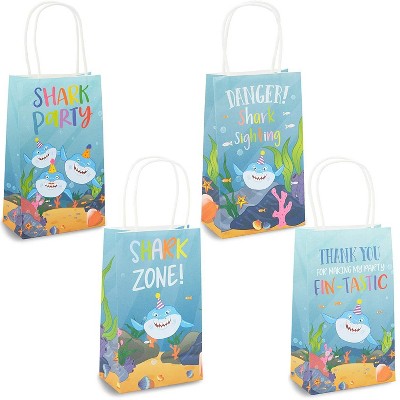 Blue Panda 24-Pack Shark Party Favors Gift Bags with Handles for Kids Birthday (9 x 5.3 in, 4 Designs)