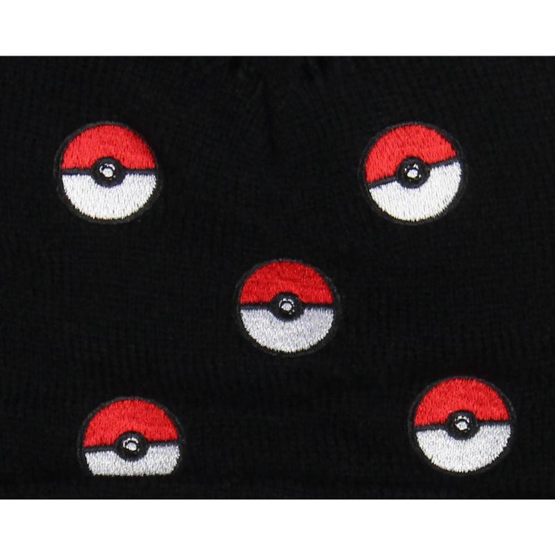 Pokemon Gotta Catch Em All Pokeball Embroidered Cuffed Knit Pom-Pom Beanie OSFM Black, 6 of 8