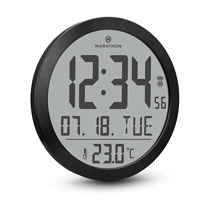 Marathon 10 Inch Round Sleek & Stylish Digital Wall Clock With Date & indoor Temperature, 1 of 7