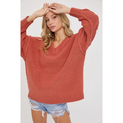 Slickblue Women's Marsala V-Neck Oversized Sweater, Chunky Knit Pullover with Dropped Shoulder, Size S/M-M/L