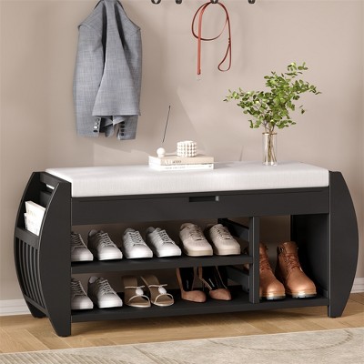 Wooden Storage Bench with Cushion, Flip Top Entryway Shoe Bench with Hidden Compartment, Shoe Rack Organizer for Entryway Bedroom Living Room