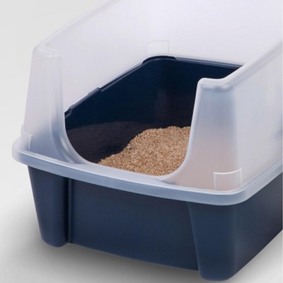 Navy Plastic Open-Top Cat Litter Box with Shield