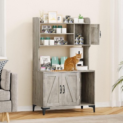Large Cat Litter Box Enclosure Furniture with 3 Open Shelves and Storage Cabinet, Farmhouse Cat House Washroom