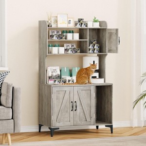 Large Cat Litter Box Enclosure Furniture with 3 Open Shelves and Storage Cabinet, Farmhouse Cat House Washroom - 1 of 4