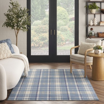 Blue Plaid 5' x 7' Hand-Knotted Synthetic Reversible Rug