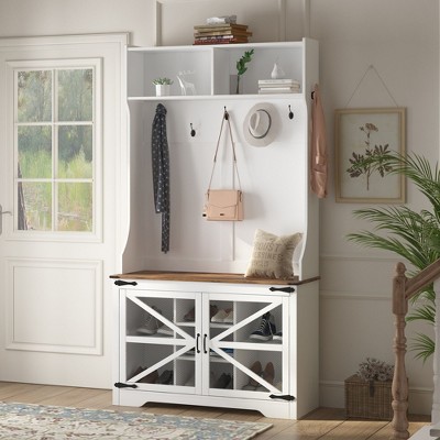 Hall Tree with Shoe Storage - 4-In-1 Entryway Coat Rack with 7 Shoe Cubbies & 7 Coat Hooks Farmhouse Entryway Bench Mudroom Storage Cabinet Hall Tree