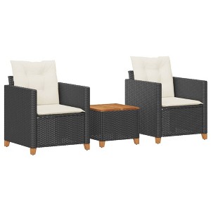 vidaXL 3 Piece Bistro Set - Black Poly Rattan, Acacia Wood/Cushions/Outdoor Furniture, Garden/Patio/Backyard - 1 of 4