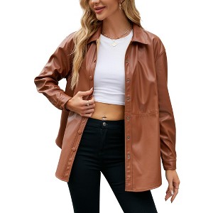 Women Faux Leather Shacket Moto Biker Shirts Loose Fit Blazer Long Sleeves Button Casual Jacket - 1 of 4